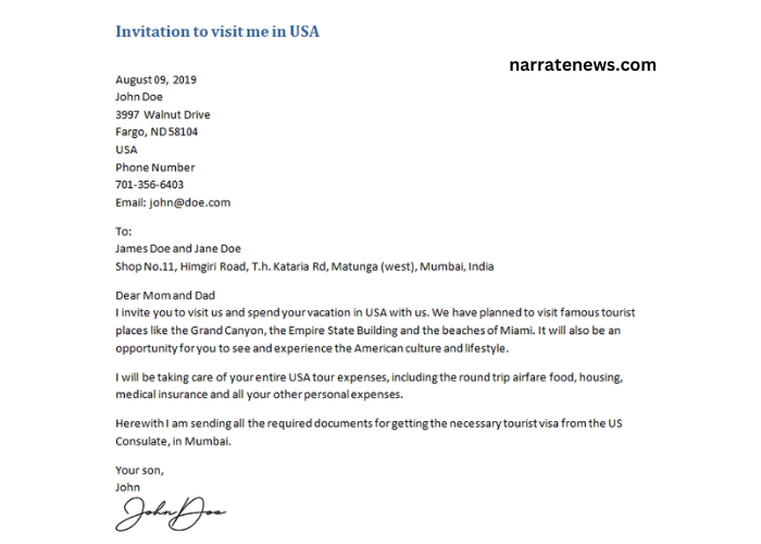 Invitation letter for visitor visa usa